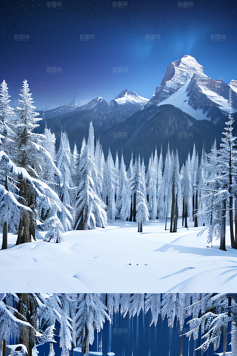 飘渺星空神秘森林与雪山的背景