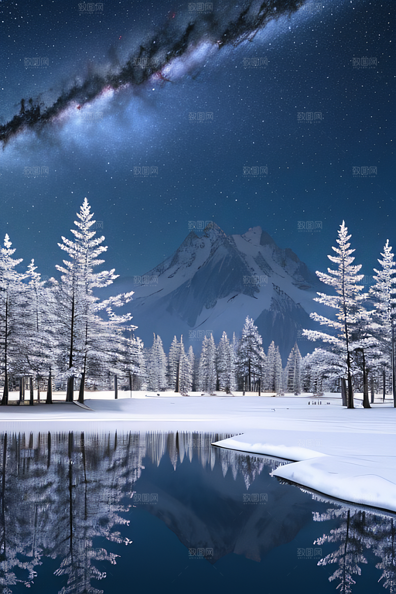 梦幻风景冰封湖泊神秘森林与雪山