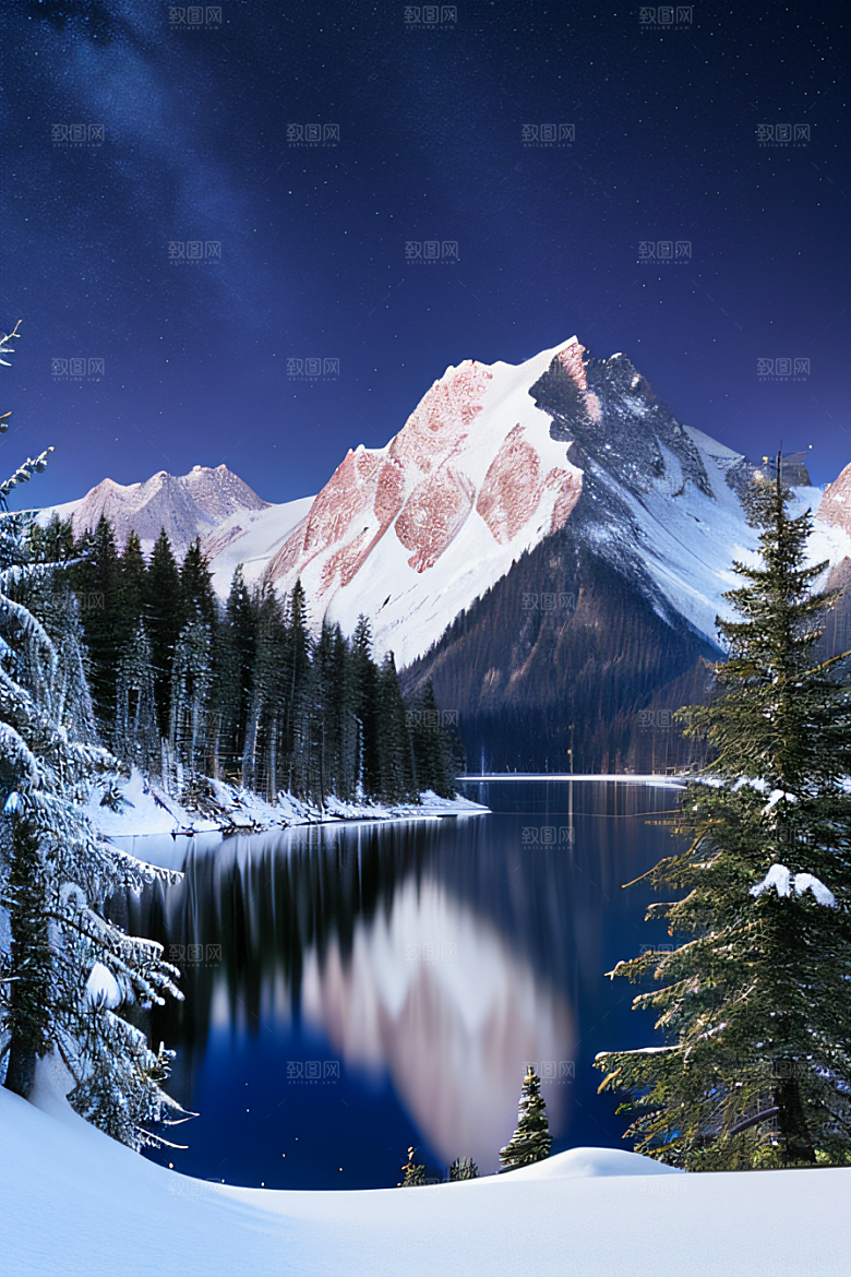 梦幻风景冰封湖泊神秘森林与雪山