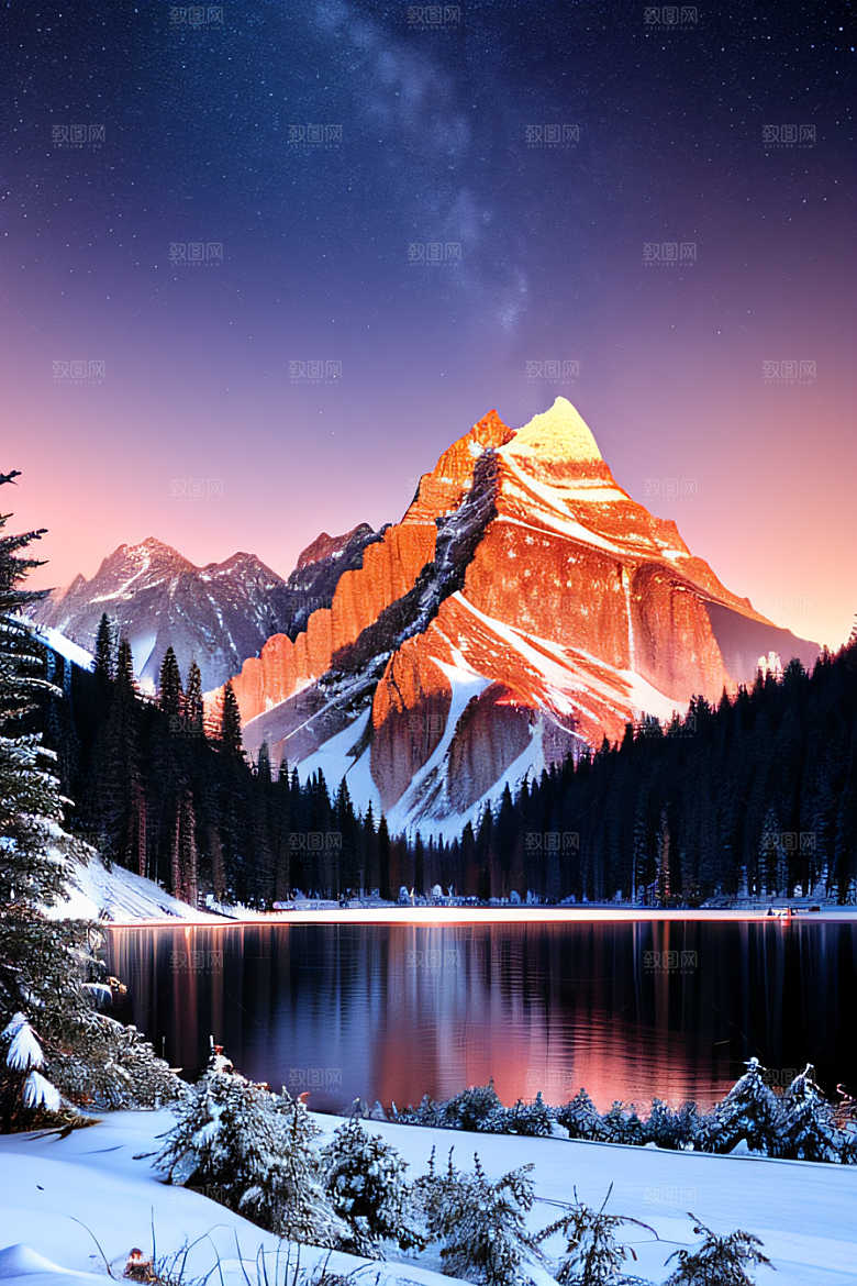 梦幻风景冰封湖泊神秘森林与雪山