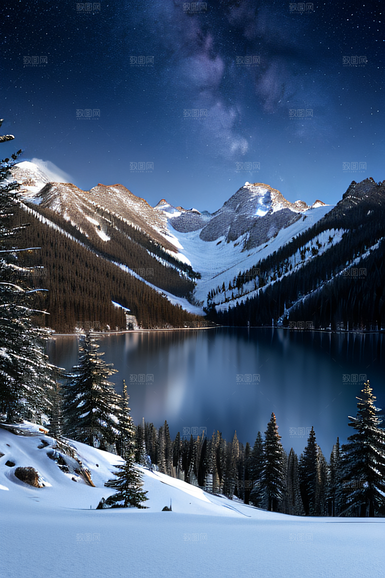 梦幻风景冰封湖泊神秘森林与雪山