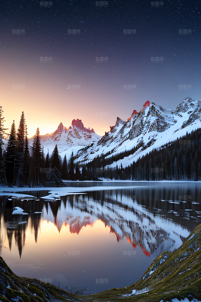 梦幻风景冰封湖泊神秘森林与雪山