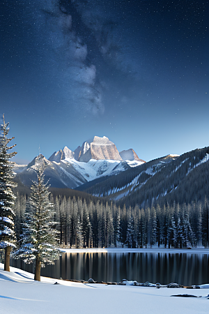 梦幻风景冰封湖泊神秘森林与雪山