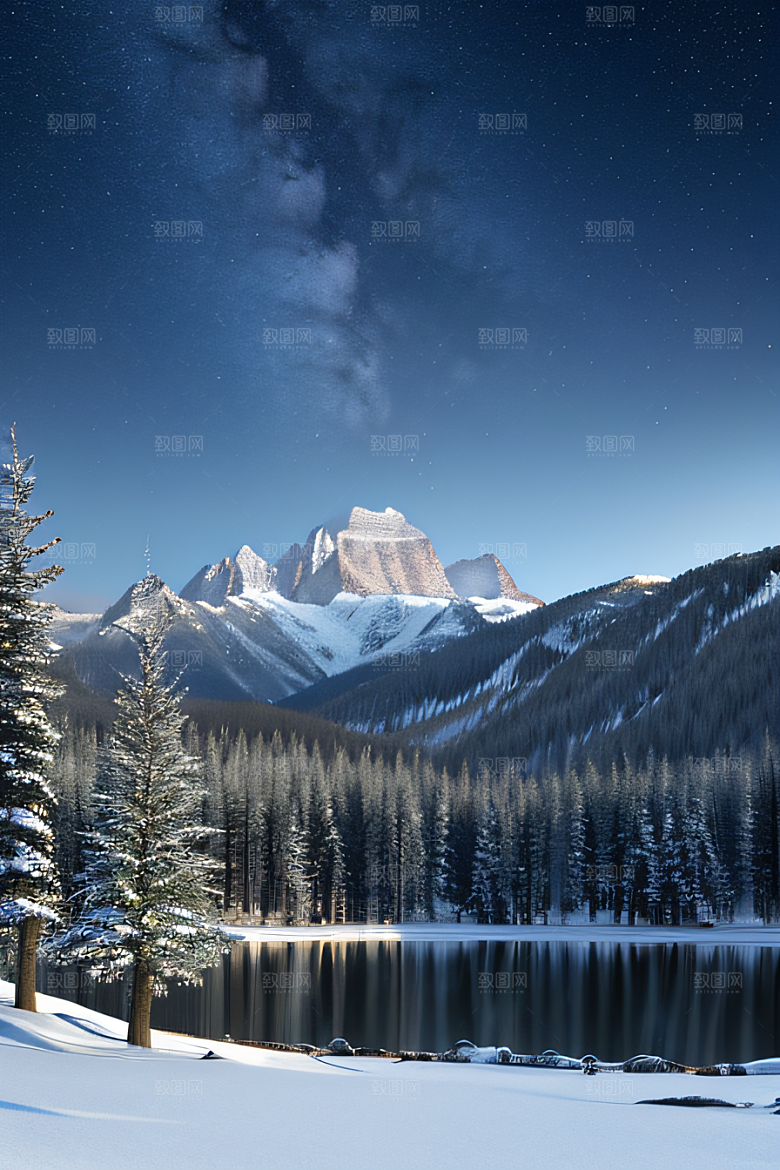 梦幻风景冰封湖泊神秘森林与雪山