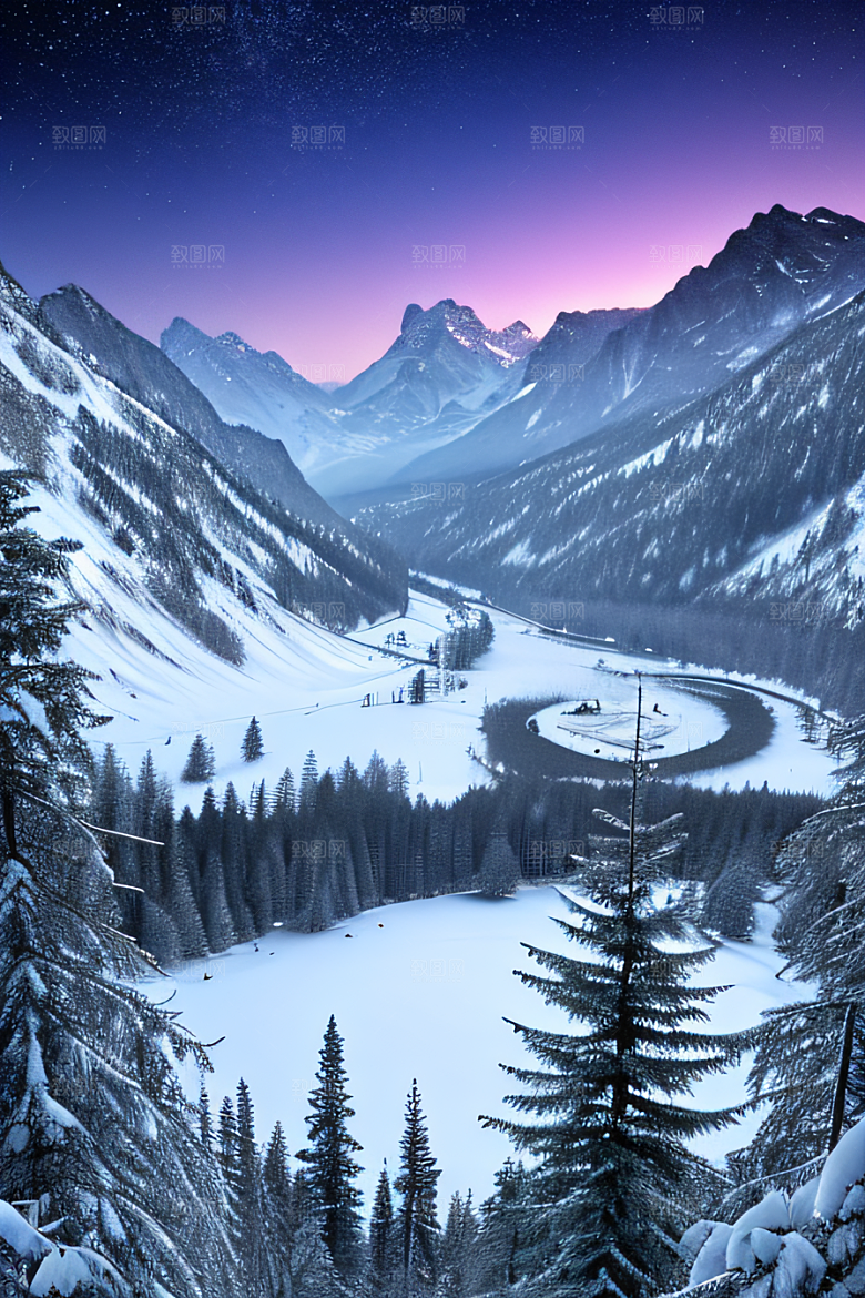 梦幻风景冰封湖泊神秘森林与雪山