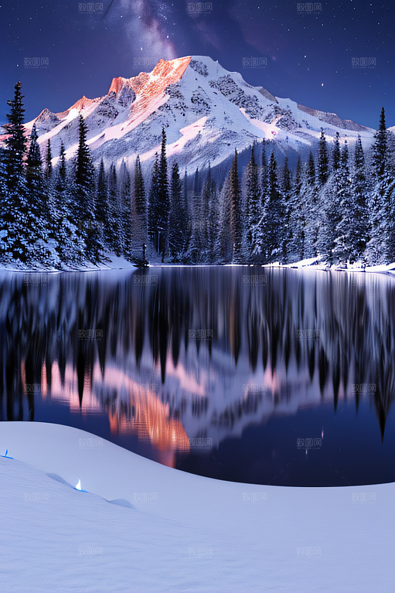 梦幻风景冰封湖泊神秘森林与雪山