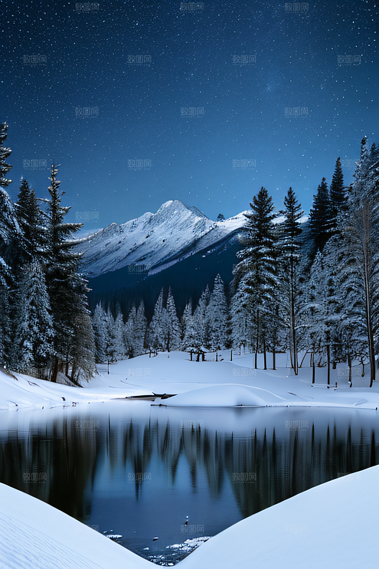 梦幻风景冰封湖泊神秘森林与雪山