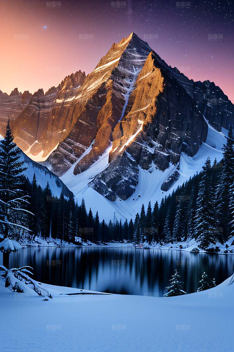 梦幻风景冰封湖泊神秘森林与雪山
