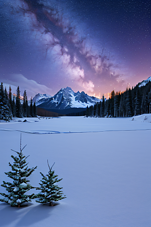 梦幻风景冰封湖泊神秘森林与雪山