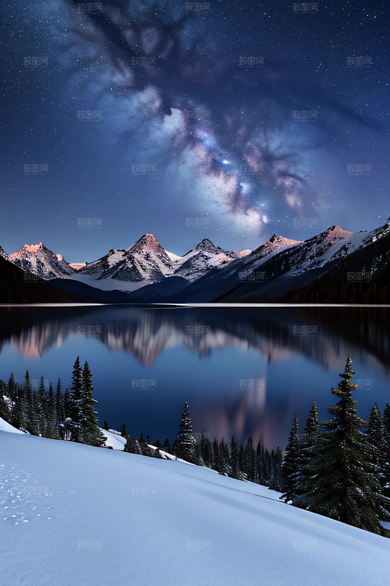 梦幻风景冰封湖泊神秘森林与雪山