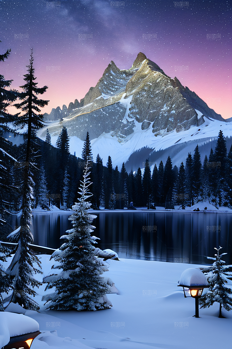 梦幻风景冰封湖泊神秘森林与雪山