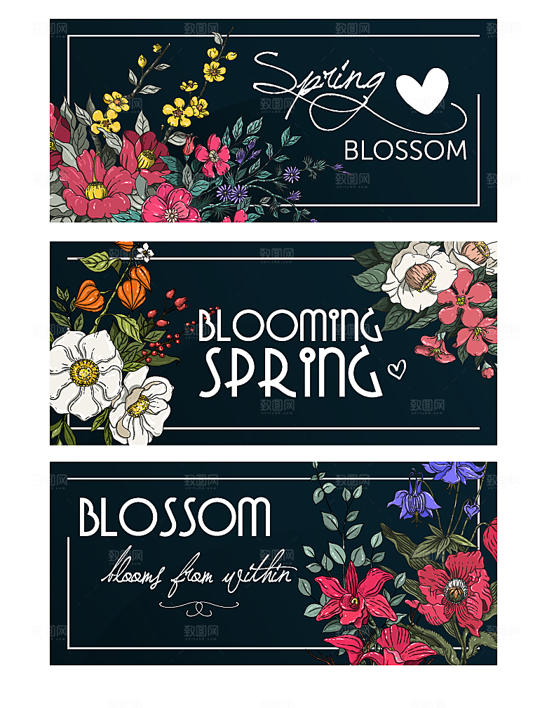 彩绘春季盛开花卉banner矢量图
