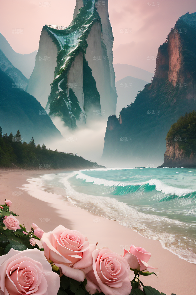 花海浪潮精致花朵与浩大浪潮的和谐共生