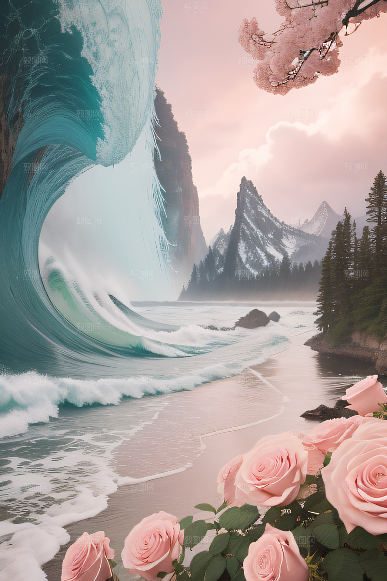 花海浪潮精致花朵与浩大浪潮的和谐共生