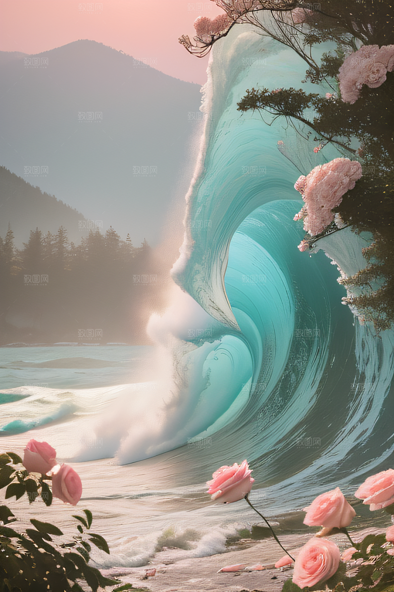 花海浪潮精致花朵与浩大浪潮的和谐共生