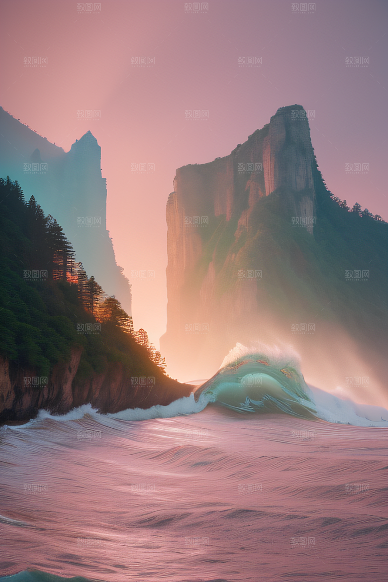 花海浪潮精致花朵与浩大浪潮的和谐共生