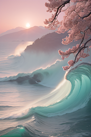 花海浪潮精致花朵与浩大浪潮的和谐共生