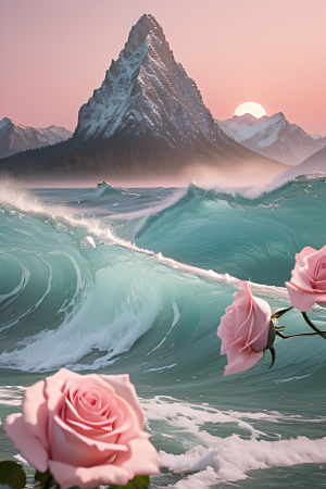 花海浪潮精致花朵与浩大浪潮的和谐共生