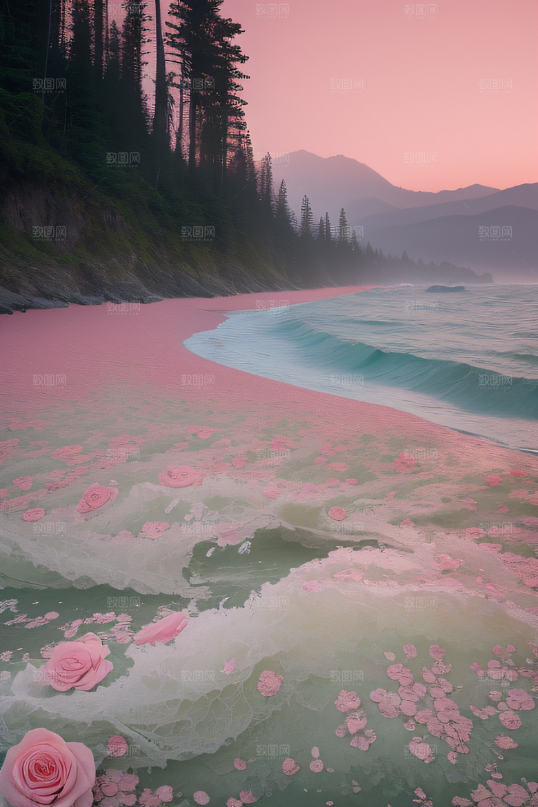 花海浪潮精致花朵与浩大浪潮的和谐共生