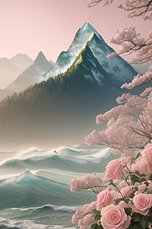 花海浪潮精致花朵与浩大浪潮的和谐共生