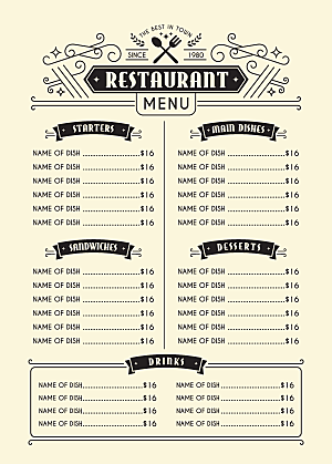 餐厅英文价目表模板矢量