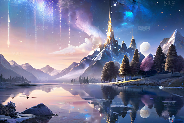 梦幻奇境湖泊山脉森林与星空的完美和谐