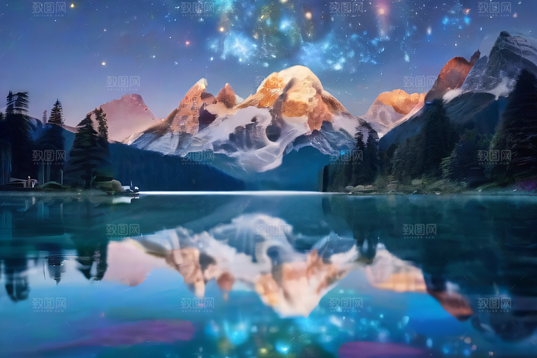 梦幻奇境湖泊山脉森林与星空的完美和谐