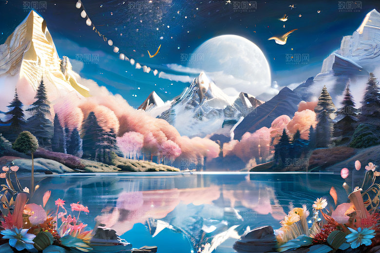 梦幻奇境湖泊山脉森林与星空的完美和谐