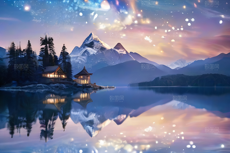 梦幻奇境湖泊山脉森林与星空的完美和谐