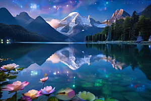 梦幻奇境湖泊山脉森林与星空的完美和谐
