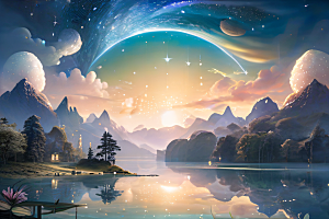 梦幻奇境湖泊山脉森林与星空的完美和谐