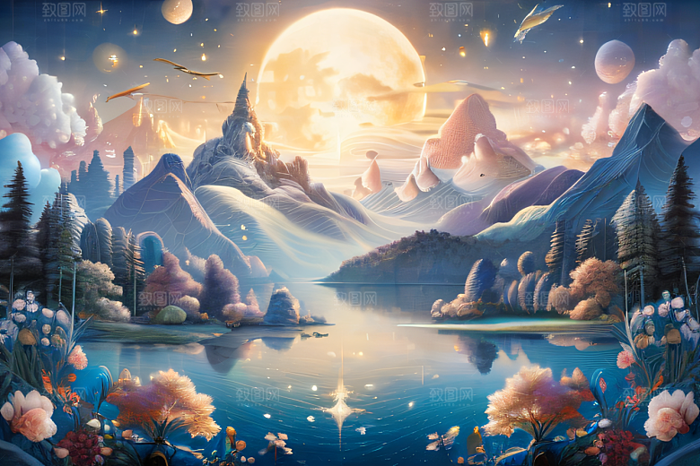 梦幻奇境湖泊山脉森林与星空的完美和谐