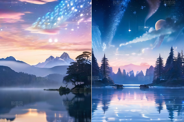 梦幻奇境湖泊山脉森林与星空的完美和谐