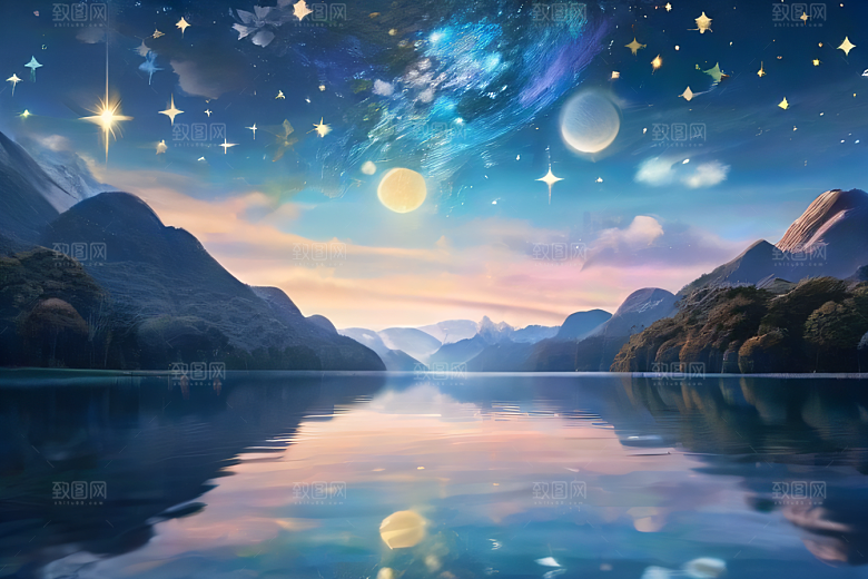 梦幻奇境湖泊山脉森林与星空的完美和谐