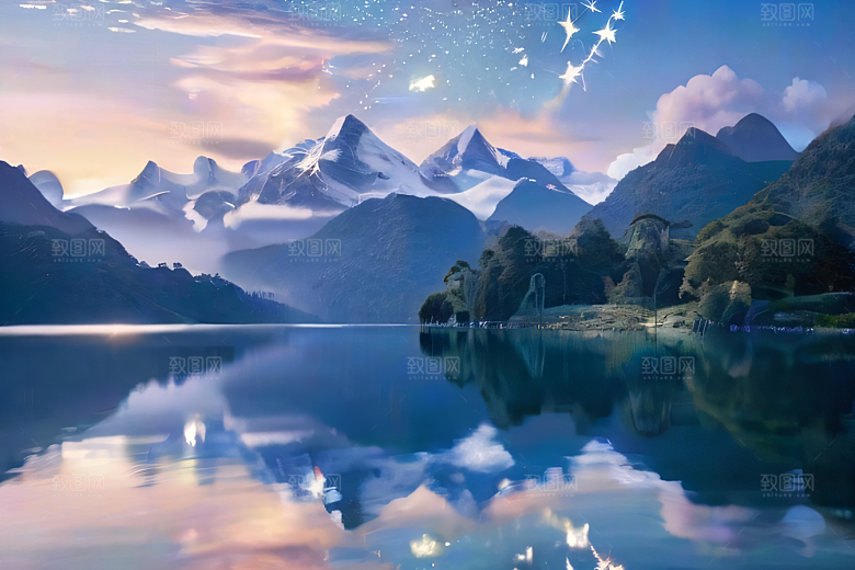 奇幻童话湖泊山脉森林与星空的和谐