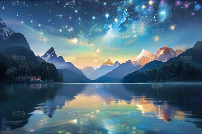 奇幻童话湖泊山脉森林与星空的和谐