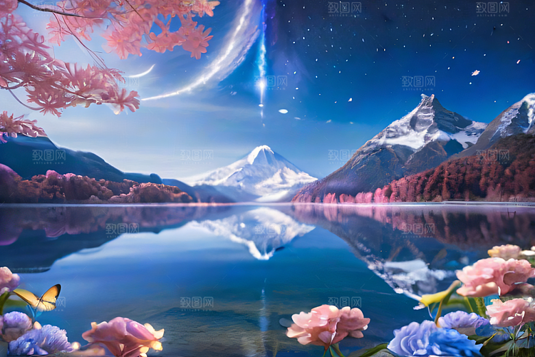 奇幻童话湖泊山脉森林与星空的和谐