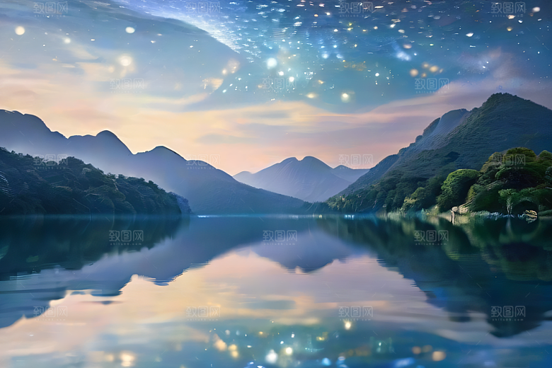 奇幻童话湖泊山脉森林与星空的和谐