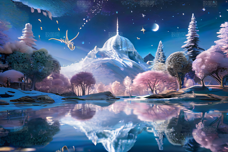 奇幻童话湖泊山脉森林与星空的和谐