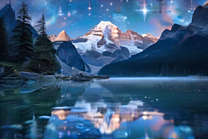 奇幻童话湖泊山脉森林与星空的和谐