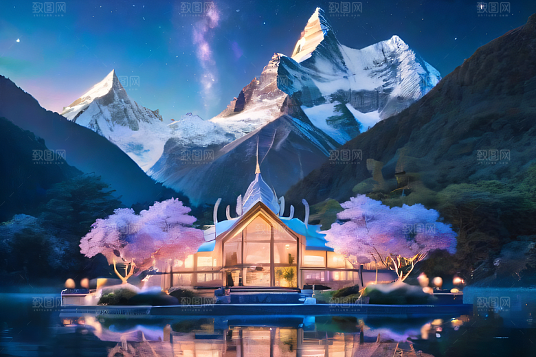 奇幻童话湖泊山脉森林与星空的和谐