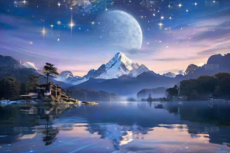奇幻童话湖泊山脉森林与星空的和谐