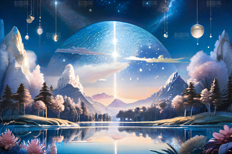 奇幻童话湖泊山脉森林与星空的和谐