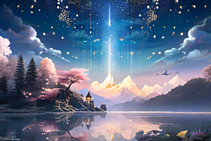 奇幻童话湖泊山脉森林与星空的和谐
