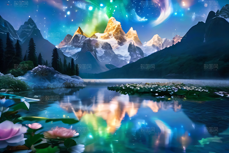 奇幻童话湖泊山脉森林与星空的和谐