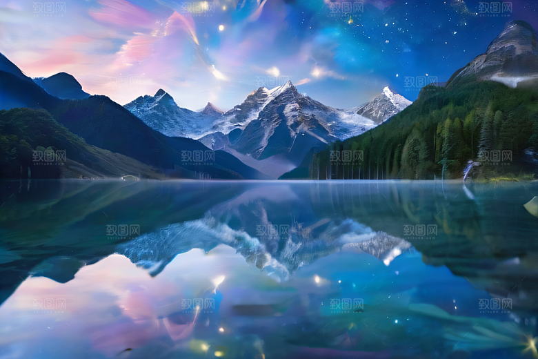 奇幻童话湖泊山脉森林与星空的和谐