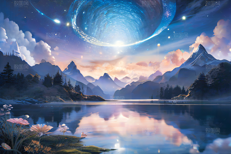 奇幻童话湖泊山脉森林与星空的和谐