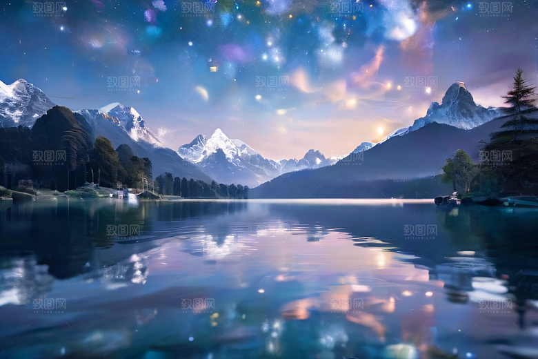 奇幻童话湖泊山脉森林与星空的和谐