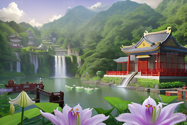 清新梦境湖畔寺庙与瀑布的奇幻之旅