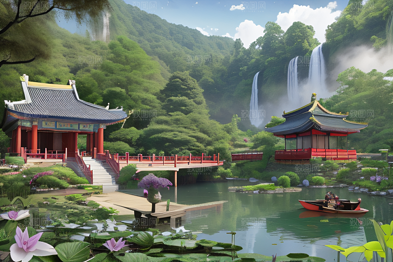 紫色花海湖畔仙境中的睡莲花园